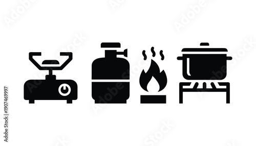 Portable camping gas stove and burner outdoor cooking appliance equipment isolated vector set design