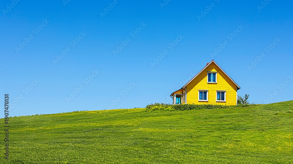 Obraz premium Bright yellow house standing alone on a lush green hillside under a clear blue sky