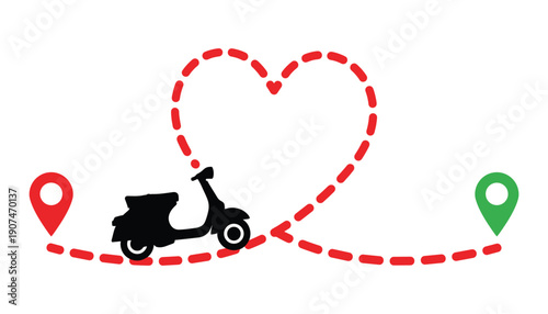 Scooter rides heart delivery vector design start location and destination concept