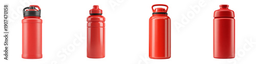 Set of modern red reusable water bottles with various lid designs
