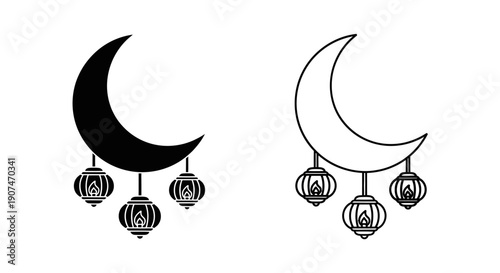 Crescent moon and lantern icon collection. Includes moon, lantern, light, celebration, holiday, and festival symbols. Created in solid and outline styles with black and white palette.