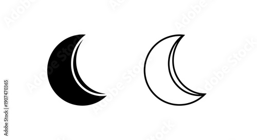 Crescent moon icon set. Includes solid fill and outline versions of the celestial body symbol. Created in minimalist style with black and white palette.