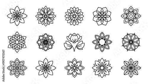 Set of fifteen mandalas flower outline icons on transparent background for web design