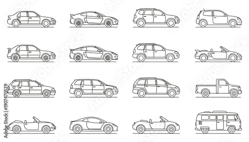 Set of various car models design line art drawing outline vector illustration