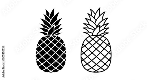 Two pineapple vector icons in solid fill and outline styles, depicting tropical fruit with spiky leaves and textured skin, isolated on a transparent background.
