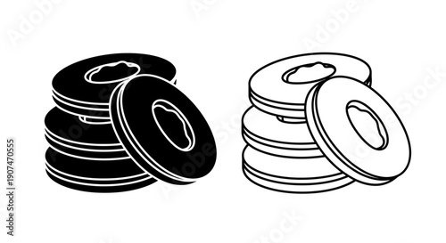 Stack of five black and white bagel slices vector illustration. Two distinct styles, one filled silhouette and one outline, depict a pile of circular bread with a hole in the center.
