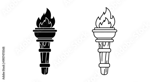 Torch vector icon set. Includes two distinct torch designs: one solid black silhouette and one outlined with internal details. Created in a simple line art style with a black and white color