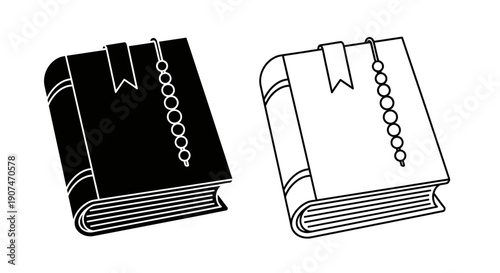 Religious book vector icon set. Includes a closed book with a bookmark and prayer beads in both solid black and outline styles. Created in a simple flat design with a monochrome palette.
