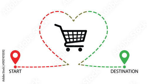 Shopping cart route from start to destination with heart path concept vector illustration