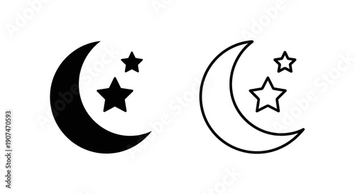 Moon and stars icon set. Includes crescent moon and two stars in both solid fill and outline styles. Created in a minimalist flat design with a black and white color palette.