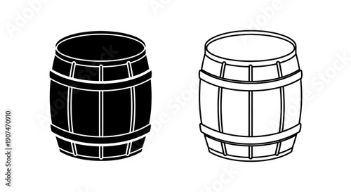 Black and white wooden barrel vector icon set, outline and silhouette style, isolated on white
