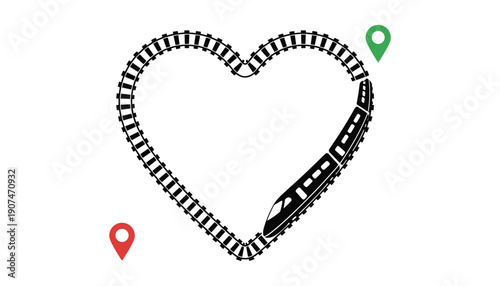Train traveling along heart shape rails from start to destination point pin