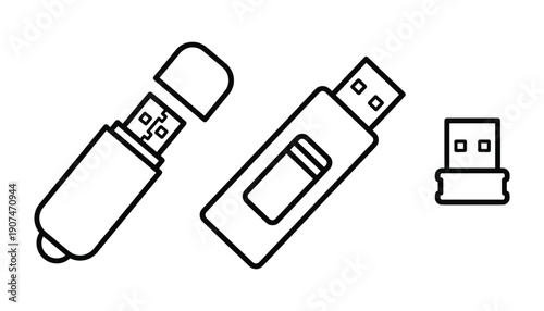 Three different usb stick designs representing computer hardware peripheral in black and white