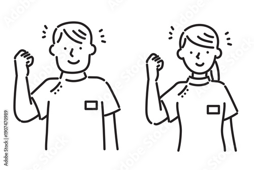 ケーシー白衣を着て笑顔でガッツポーズする若い看護師の男女イラスト　白黒