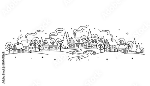Winter village town with snow and trees vector line illustration scene on transparent backdrop