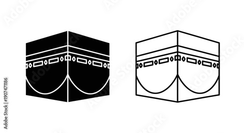 Kaaba vector icon set, black filled and outline cube symbol, Islamic pilgrimage Hajj and Umrah, isolated on white