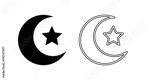 Black crescent moon and star vector icon, solid fill and outline versions, religious symbol, isolated on white