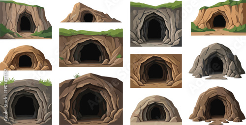 Cartoon cave entrance illustration set, underground tunnel openings, rocky mountain caves, fantasy game background elements, isolated vector design