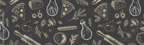 Chalkboard style pattern of Italian pizza ingredients, pasta and cooking utensils, dark background