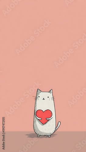 A heartwarming valentine's day illustration of a cat holding a red heart in a cozy indoor scene with soft lighting