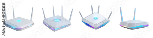 Modern WiFi routers with colorful lights for strong internet connection