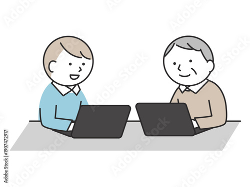 パソコン操作を学ぶシニアの男性と若い男性　ワークショップや商談に参加する多世代の日本人イラスト