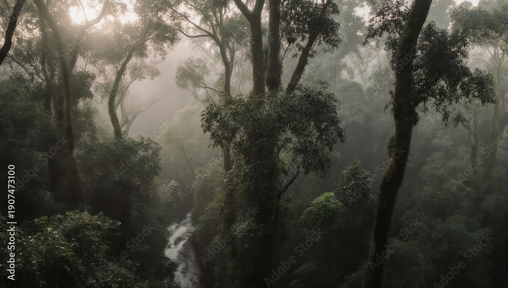 Obraz premium Misty Morning Light Filtering Through Dense Forest Canopy.