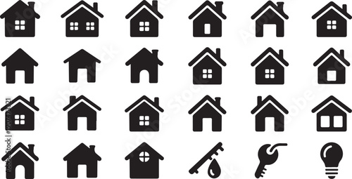 Group of house and home icons with different window and door designs