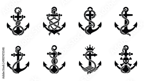 Collection of decorative anchors with rope and skulls sea ocean travel cruise trip vector illustration