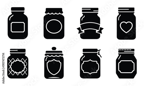 Collection of jars for homemade jam and marmalade in different shapes with various label designs