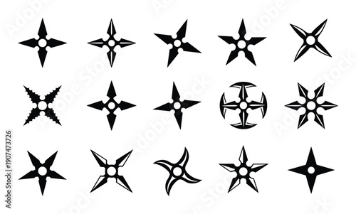 Collection of ninja star shuriken traditional japanese cold weapon flat vector illustration