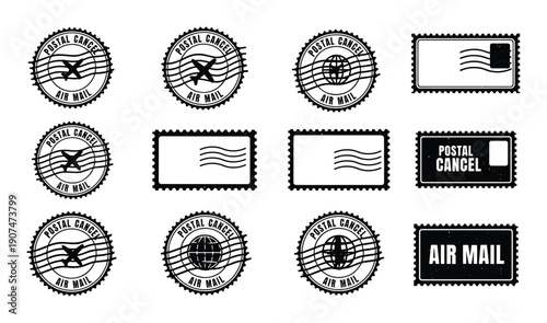 Collection of postal cancellation stamp vector illustrations of various forms and designs for letters