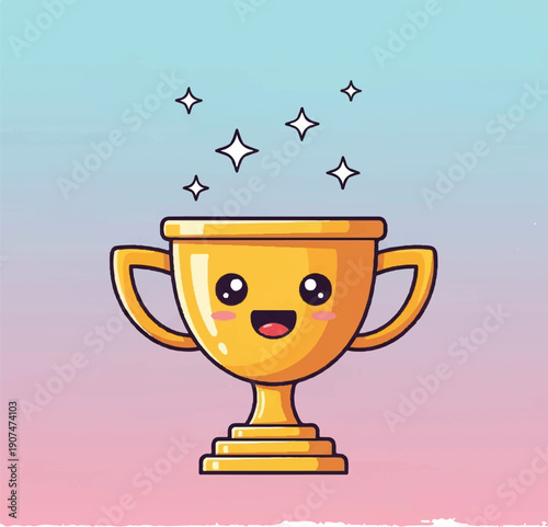 Golden Trophy with Smiling Face and Sparkles.