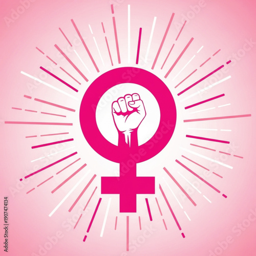 Feminist symbol with raised fist inside, radiating pink lines on a light pink background, representing womens rights and empowerment.