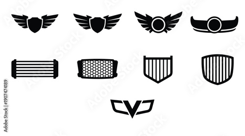 Heraldic emblem design shield with wings symbol tattoo style graphic design black and white vector art