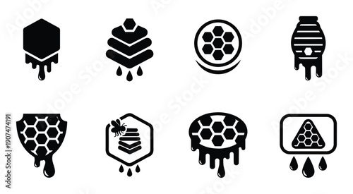 Honeycomb icon set, honey drips, beekeeping, apiary symbols, sweet honeycombs in various designs, vector