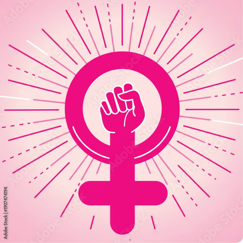 Feminist symbol with raised fist inside, radiating pink lines on a light pink background, representing womens rights and empowerment.