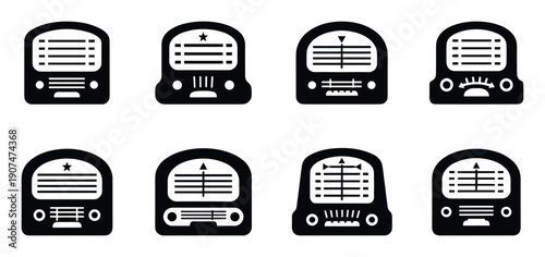 Retro radio receiver set vintage tuner design black and white vector element collection with graphic