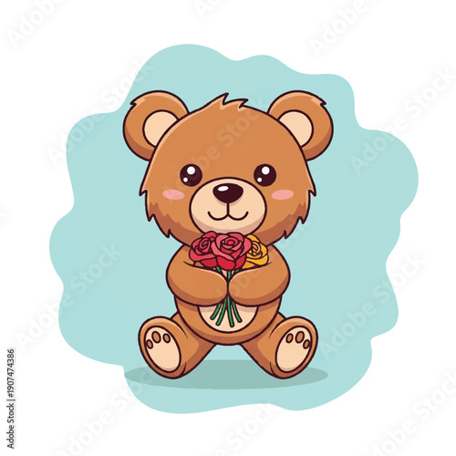 Cute Cartoon Teddy Bear Holding Flowers.