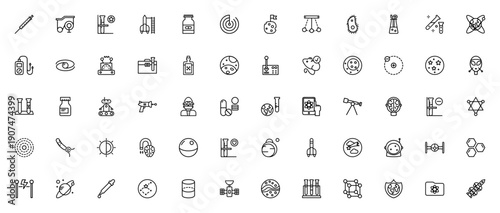 Science icon set. Vector illustration pack with symbols for experiment, rocket, planet, chemical, brain, syringe, astronomy, laboratory, technology and more.