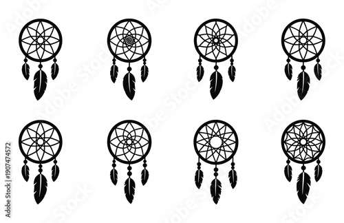 Set of decorative dream catcher in monochrome style with feathers and beads vector illustration