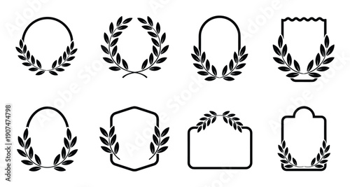 Set of laurel wreath frames, foliage, circle, oval and arch shapes, botanical decorations, vector design