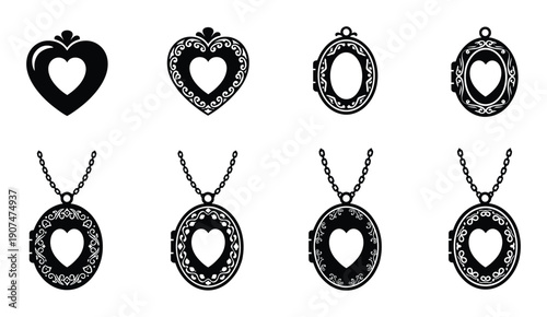 Set of ornate heart shaped locket in vintage style on transparent background for romantic design