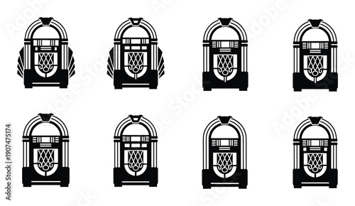 Set of silhouette vintage jukeboxes retro music players entertainment and decoration vector art