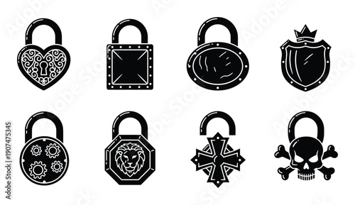 Set of various fantasy silhouette padlocks vintage locks heart shape and skull crossbones vector