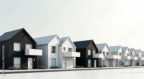 Row of houses with a white roof and black and white siding copy space