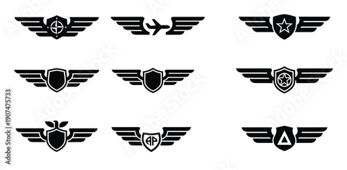 Set of winged emblems silhouettes military style badges aviation symbols shield with wings vector