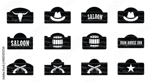 Set of wild west saloon sign isolated on transparent background vintage vector illustration