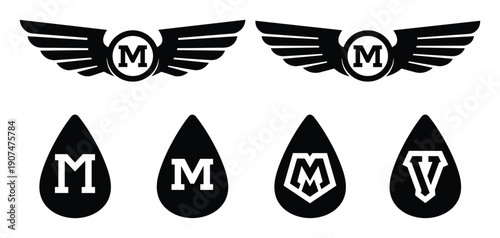 Set of winged monograms silhouettes initial letters m and v with wings and drops vector