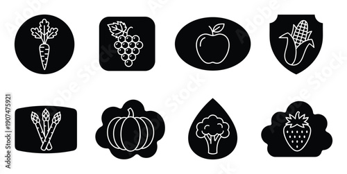 Vegetarian icons set of fresh raw carrot grape apple corn asparagus pumpkin and strawberry